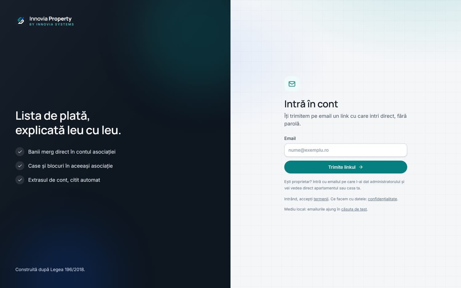 Pagina de intrare în cont