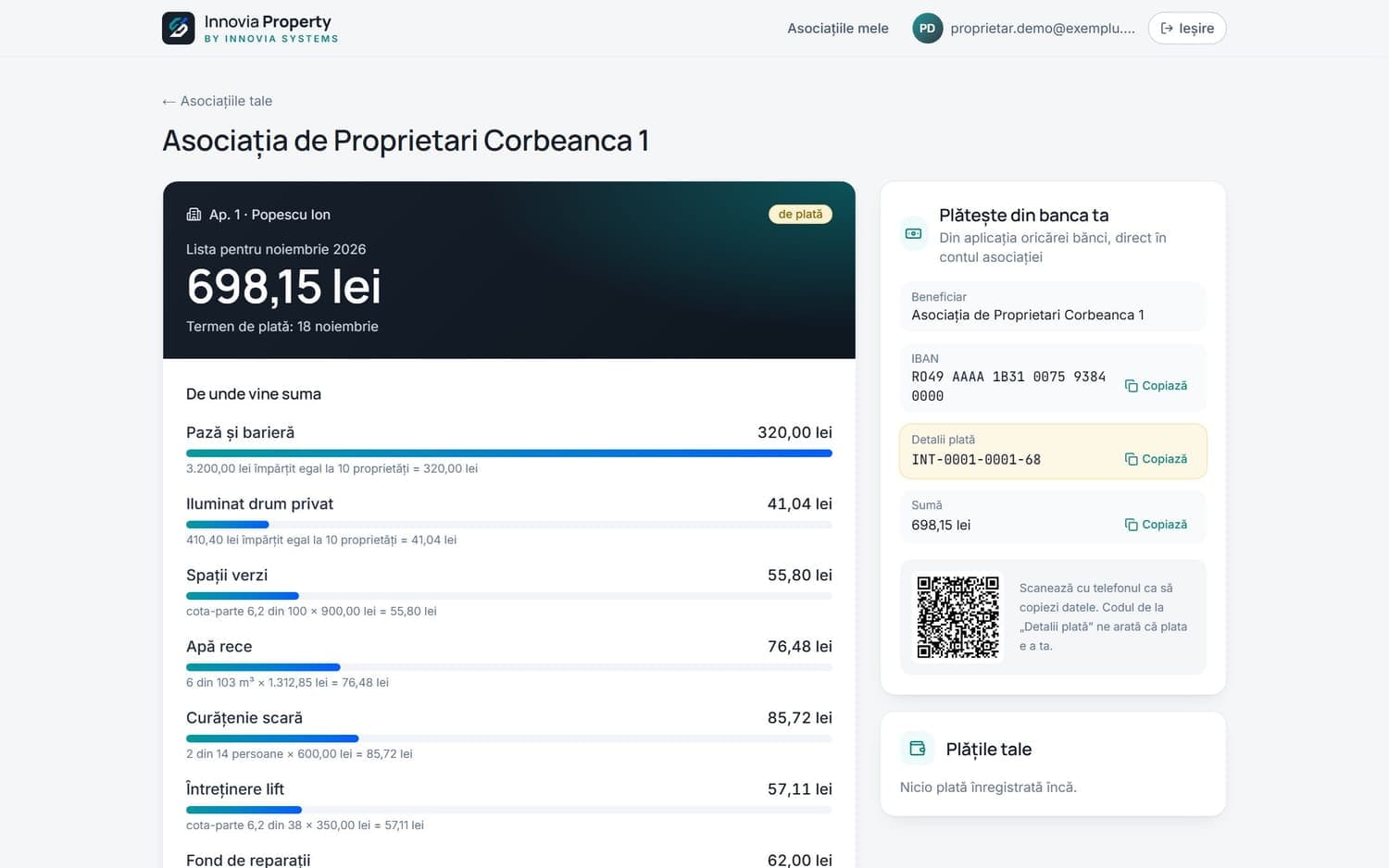 Pagina proprietarului pe calculator, cu datele de plată și codul QR